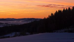 Preview wallpaper sky, trees, dawn, snow, clouds