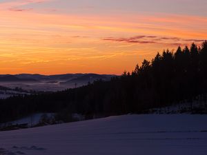 Preview wallpaper sky, trees, dawn, snow, clouds
