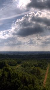 Preview wallpaper sky, trees, height, shadows, roads, agriculture