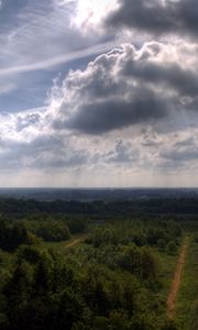 Preview wallpaper sky, trees, height, shadows, roads, agriculture