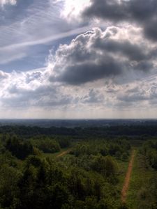 Preview wallpaper sky, trees, height, shadows, roads, agriculture