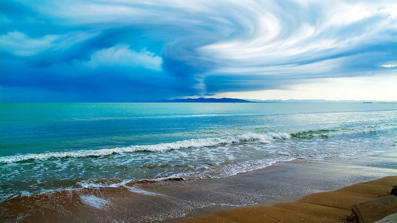 Wallpaper sky, typhoon, clouds, funnel, coast, beach, sand, waves, ocean