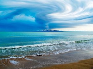Preview wallpaper sky, typhoon, clouds, funnel, coast, beach, sand, waves, ocean