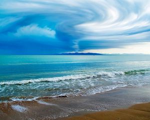 Preview wallpaper sky, typhoon, clouds, funnel, coast, beach, sand, waves, ocean