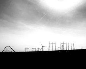 Preview wallpaper sky, windmills, silhouettes, bw