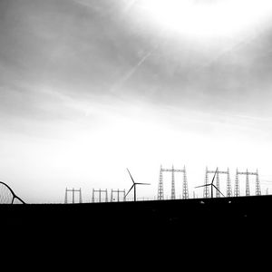 Preview wallpaper sky, windmills, silhouettes, bw