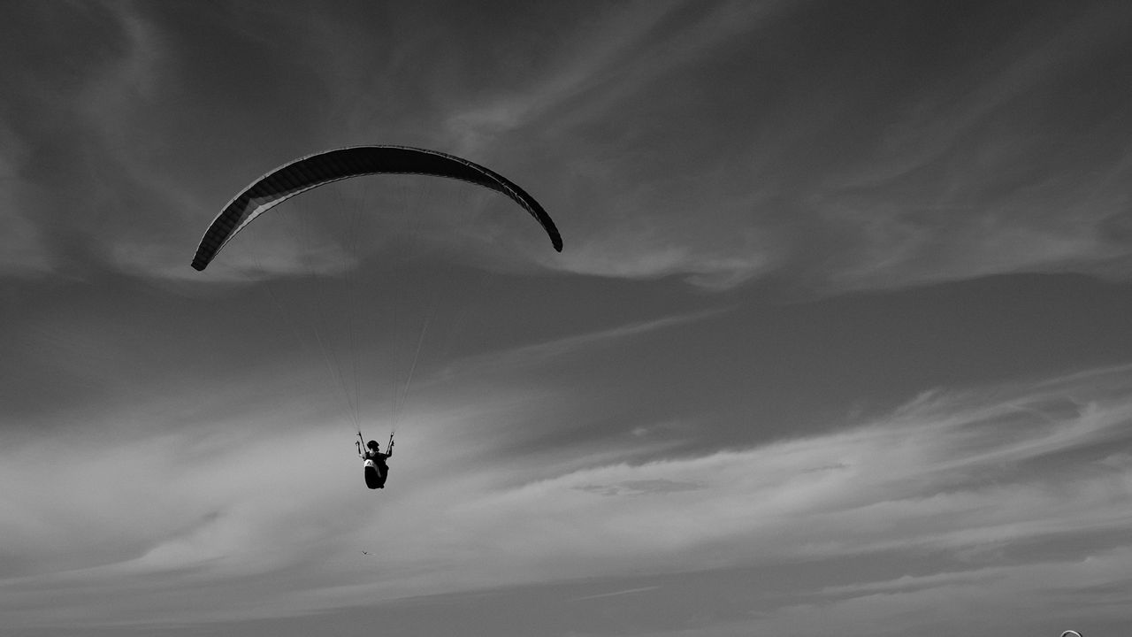 Wallpaper skydiver, ocean, coast, black and white