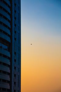 Preview wallpaper skyscraper, airplane, dawn, minimalism