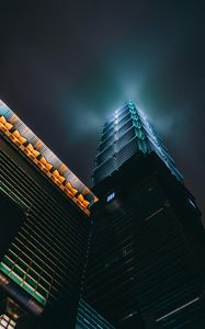 Preview wallpaper skyscraper, architecture, bottom view, backlight, night, night city