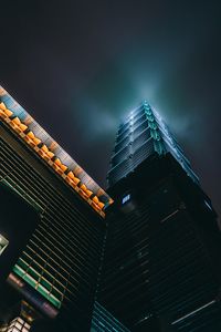 Preview wallpaper skyscraper, architecture, bottom view, backlight, night, night city