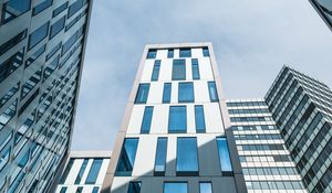 Preview wallpaper skyscraper, architecture, bottom view, building, city, sky