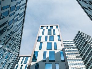 Preview wallpaper skyscraper, architecture, bottom view, building, city, sky