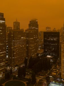 Preview wallpaper skyscraper, architecture, buildings, lights, fog