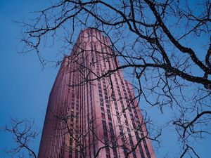 Preview wallpaper skyscraper, building, architecture, trees, garland