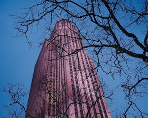 Preview wallpaper skyscraper, building, architecture, trees, garland