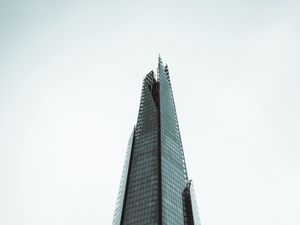Preview wallpaper skyscraper, building, bottom view, fog