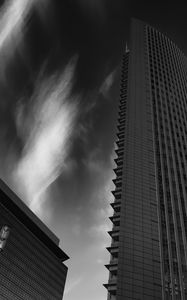 Preview wallpaper skyscraper, building, bottom view, black and white