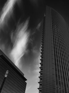 Preview wallpaper skyscraper, building, bottom view, black and white