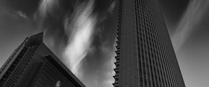 Preview wallpaper skyscraper, building, bottom view, black and white