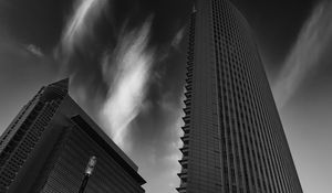 Preview wallpaper skyscraper, building, bottom view, black and white