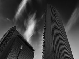 Preview wallpaper skyscraper, building, bottom view, black and white