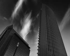 Preview wallpaper skyscraper, building, bottom view, black and white