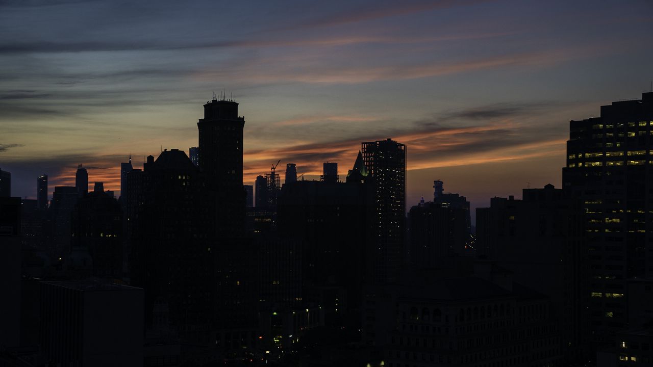 Wallpaper skyscraper, building, evening, dusk, sunset