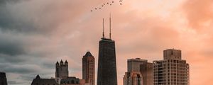 Preview wallpaper skyscraper, buildings, city, architecture, evening, birds