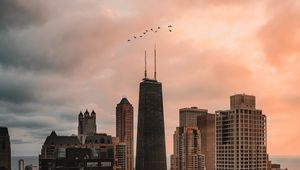 Preview wallpaper skyscraper, buildings, city, architecture, evening, birds