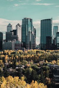 Preview wallpaper skyscraper, buildings, mountains, forest