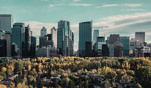 Preview wallpaper skyscraper, buildings, mountains, forest