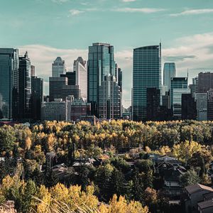 Preview wallpaper skyscraper, buildings, mountains, forest