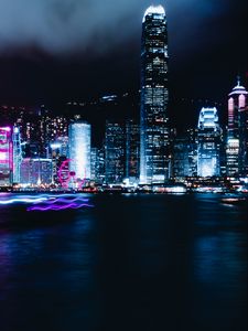 Preview wallpaper skyscraper, buildings, neon, night city, glow