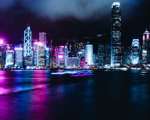 Preview wallpaper skyscraper, buildings, neon, night city, glow