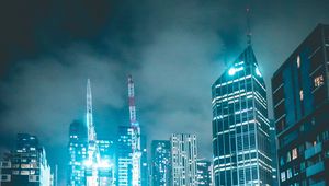 Preview wallpaper skyscraper, buildings, neon, night, architecture