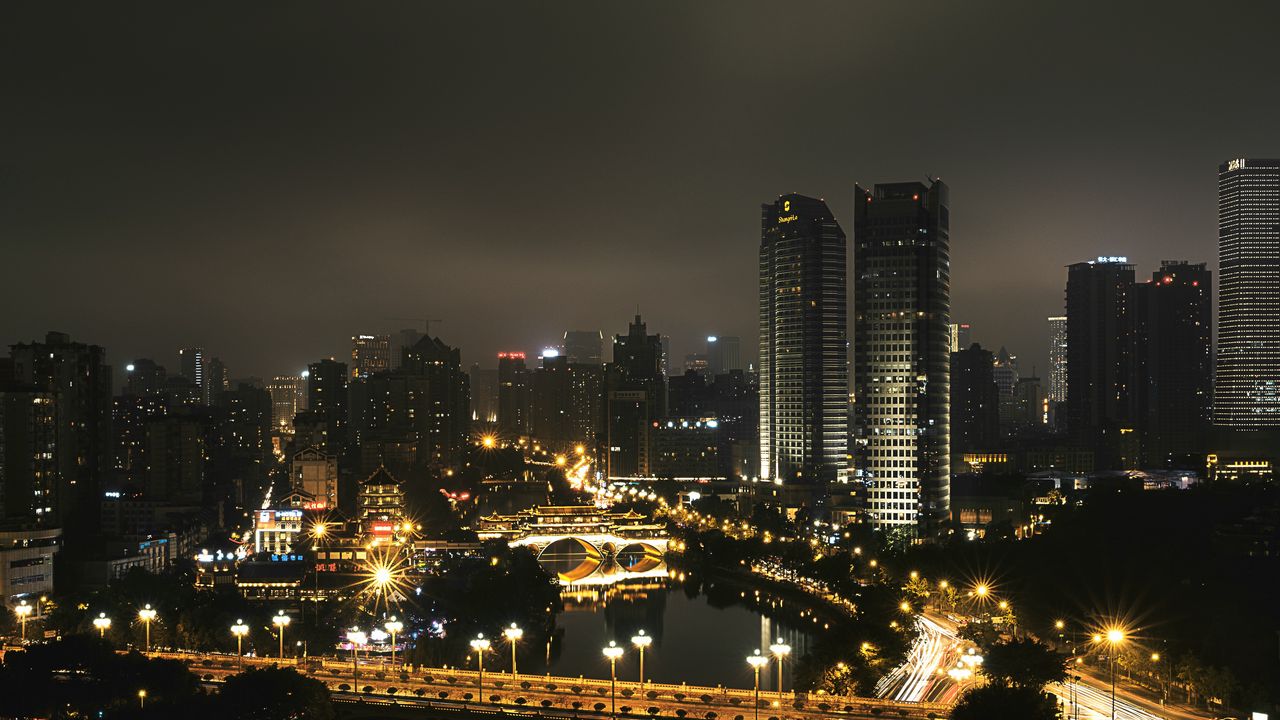 Wallpaper skyscraper, buildings, road, lights, city, night