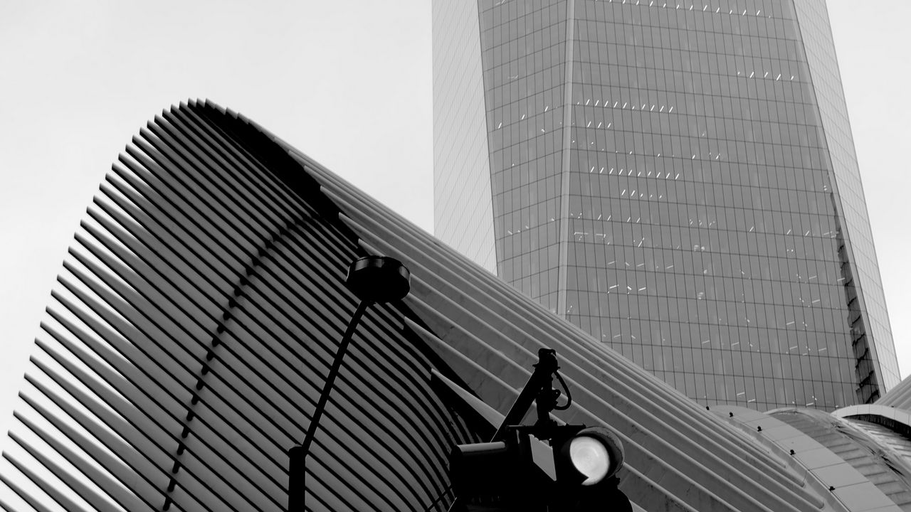 Wallpaper skyscraper, fog, roof, spotlight, black and white