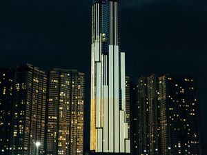 Preview wallpaper skyscraper, night city, architecture, building