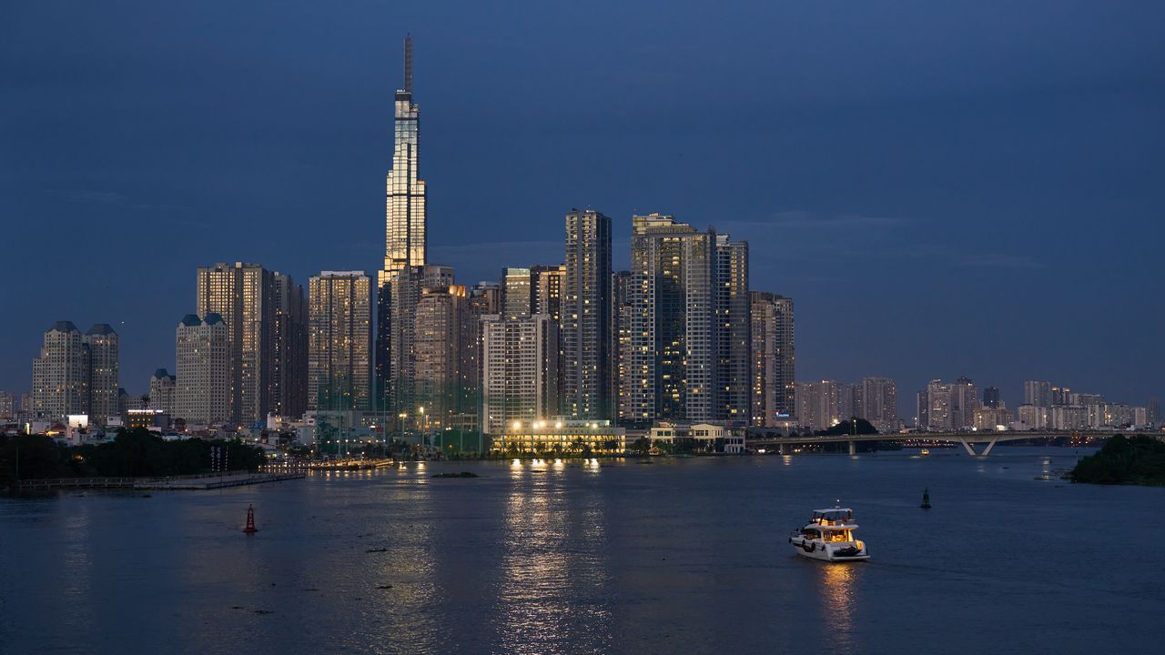 Wallpaper skyscraper, tower, buildings, river, lights, city