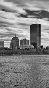 Preview wallpaper skyscraper, tower, buildings, river, city, black and white