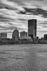 Preview wallpaper skyscraper, tower, buildings, river, city, black and white