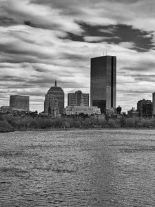Preview wallpaper skyscraper, tower, buildings, river, city, black and white