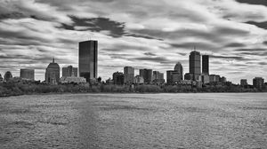 Preview wallpaper skyscraper, tower, buildings, river, city, black and white
