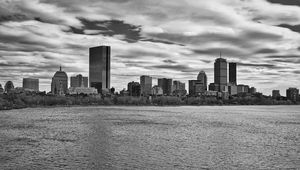 Preview wallpaper skyscraper, tower, buildings, river, city, black and white