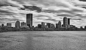Preview wallpaper skyscraper, tower, buildings, river, city, black and white