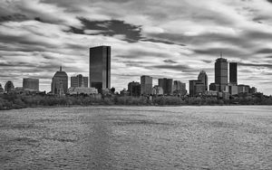 Preview wallpaper skyscraper, tower, buildings, river, city, black and white