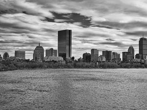 Preview wallpaper skyscraper, tower, buildings, river, city, black and white