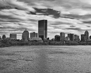 Preview wallpaper skyscraper, tower, buildings, river, city, black and white