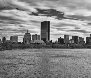 Preview wallpaper skyscraper, tower, buildings, river, city, black and white