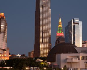Preview wallpaper skyscraper, tower, buildings, lights, yachts, city